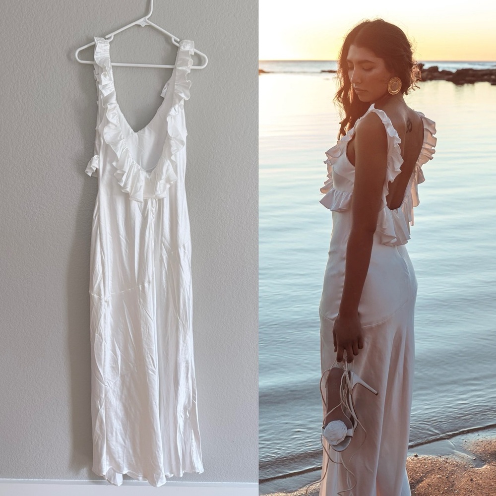 Selfie Leslie Alba Frill Trim Satin Maxi Dress White - Picture 3 of 7